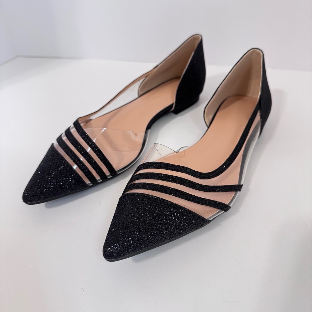 SHEIN Black Glitter Clear Strap Pointed Toe Flats EU 39